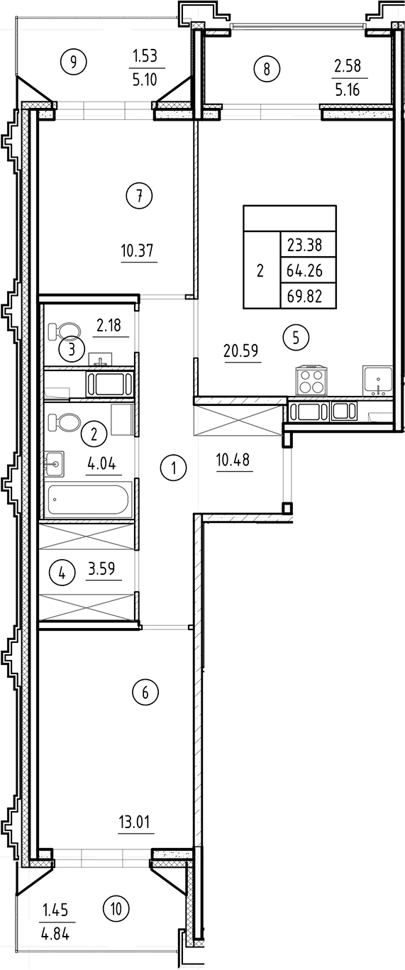 Планировка — Ассамблея, 3-комн., 64 м²