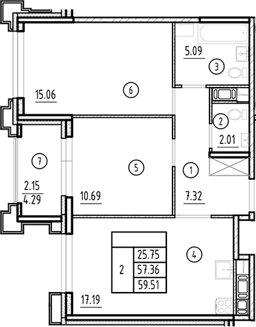 Планировка — Ассамблея, 3-комн., 57 м²