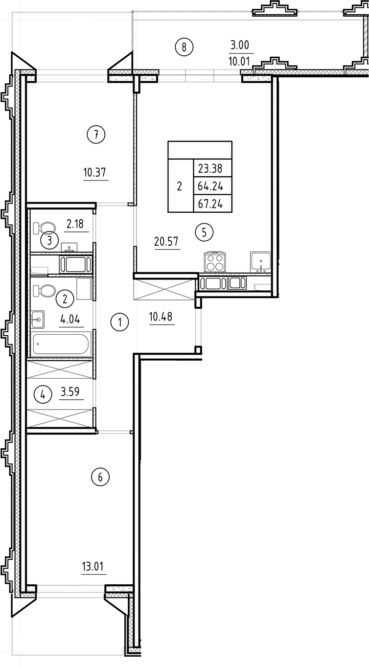 Планировка — Ассамблея, 3-комн., 64 м²