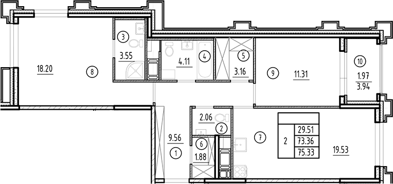 Планировка — Ассамблея, 3-комн., 73 м²