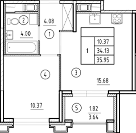 Планировка — Ассамблея, 2-комн., 34 м²