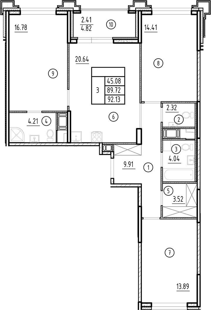 Планировка — Ассамблея, 4-комн., 90 м²