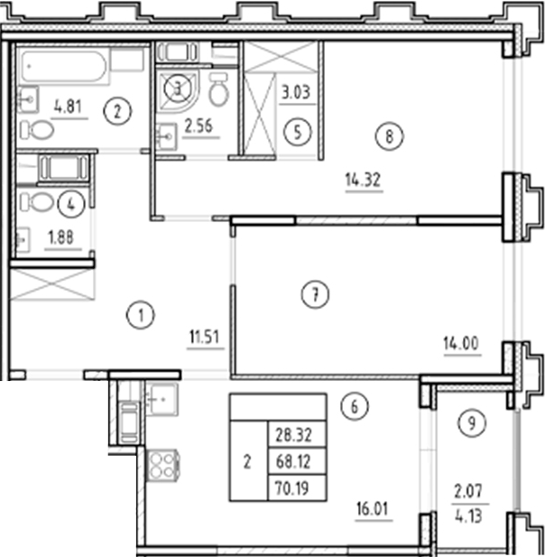 Планировка — Ассамблея, 3-комн., 68 м²