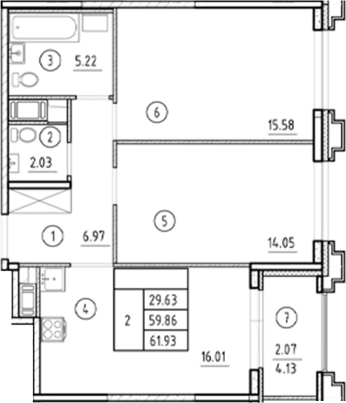 Планировка — Ассамблея, 3-комн., 60 м²
