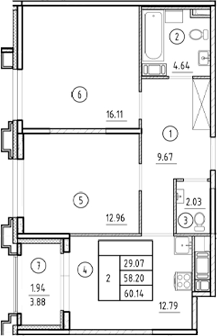 Планировка — Ассамблея, 2-комн., 58 м²