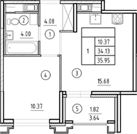 Планировка — Ассамблея, 2-комн., 34 м²