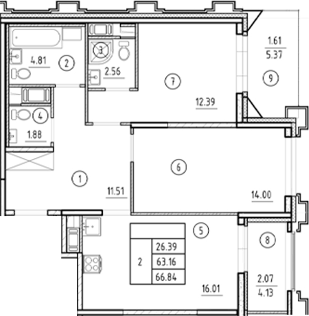Планировка — Ассамблея, 3-комн., 63 м²