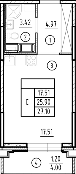 Планировка — Ассамблея, Студия, 26 м²