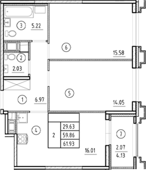 Планировка — Ассамблея, 3-комн., 60 м²