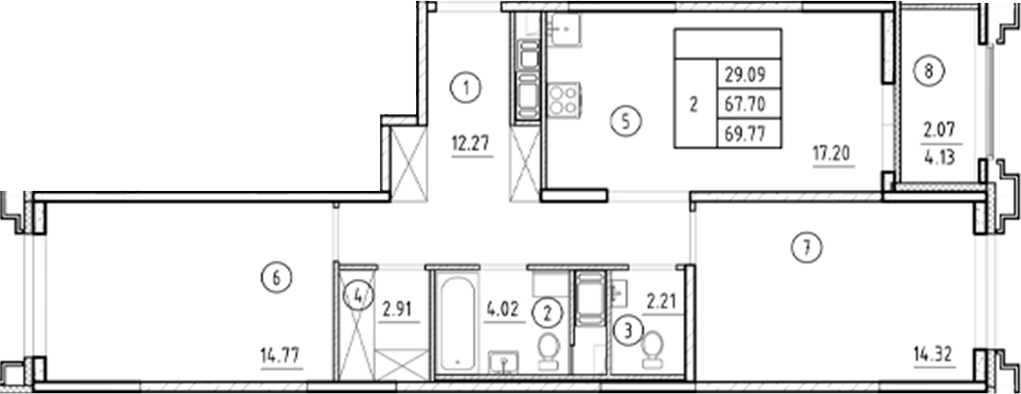 Планировка — Ассамблея, 3-комн., 68 м²