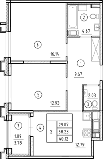 Планировка — Ассамблея, 2-комн., 58 м²