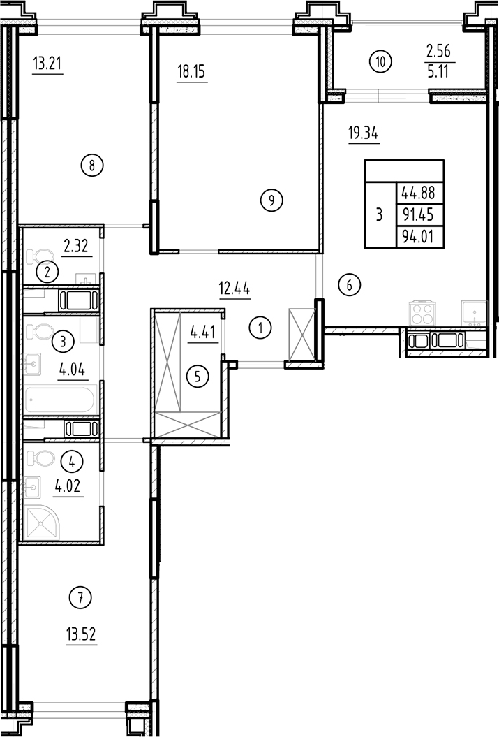 Планировка — Ассамблея, 4-комн., 91 м²