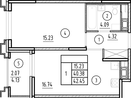 Планировка — Ассамблея, 2-комн., 40 м²