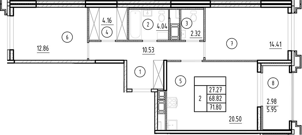 Планировка — Ассамблея, 3-комн., 69 м²