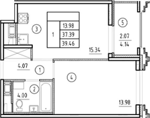 Планировка — Ассамблея, 2-комн., 37 м²
