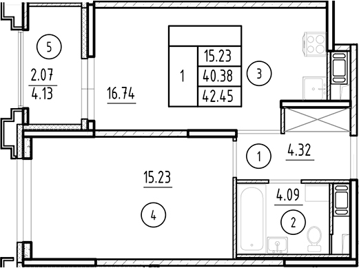 Планировка — Ассамблея, 2-комн., 40 м²
