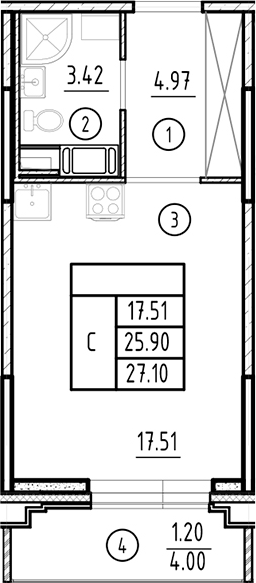 Планировка — Ассамблея, Студия, 26 м²