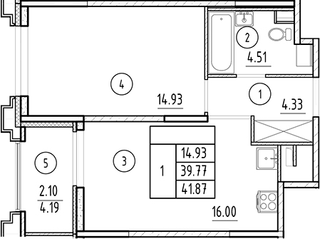 Планировка — Ассамблея, 2-комн., 40 м²