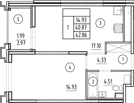 Планировка — Ассамблея, 2-комн., 41 м²