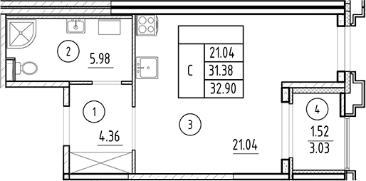 Планировка — Ассамблея, Студия, 31 м²