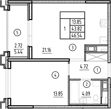 Планировка — Ассамблея, 2-комн., 44 м²