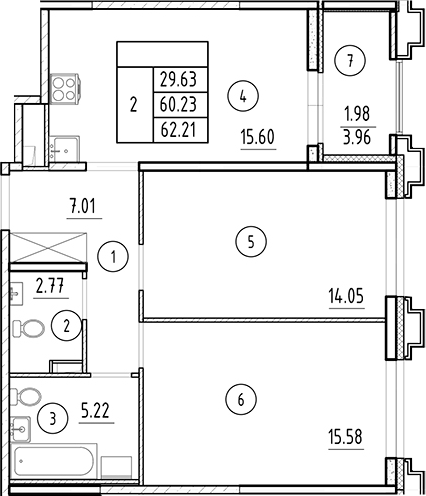 Планировка — Ассамблея, 3-комн., 60 м²
