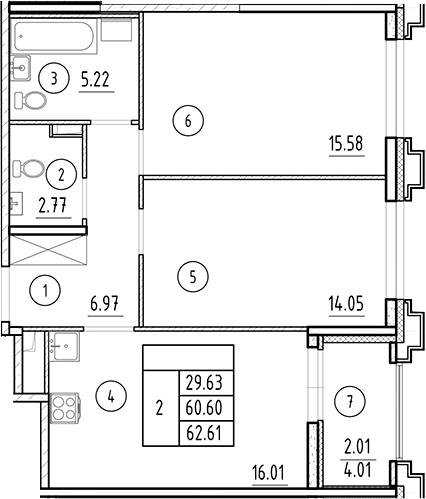 Планировка — Ассамблея, 3-комн., 61 м²