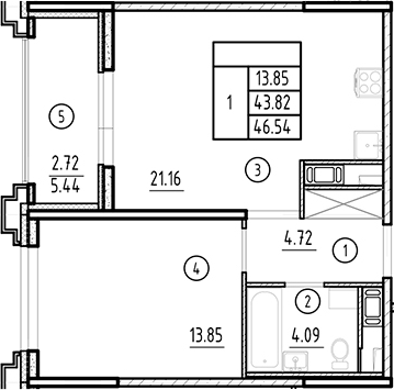 Планировка — Ассамблея, 2-комн., 44 м²