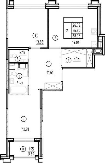Планировка — Ассамблея, 3-комн., 67 м²