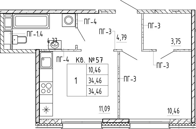 Планировка — PLUS Пулковский, 1-комн., 34 м²