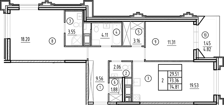Планировка — Ассамблея, 3-комн., 73 м²