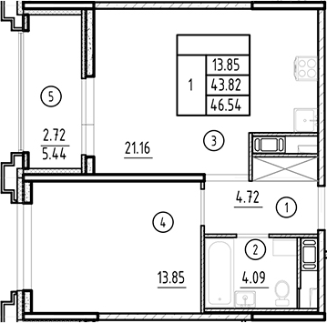 Планировка — Ассамблея, 2-комн., 44 м²