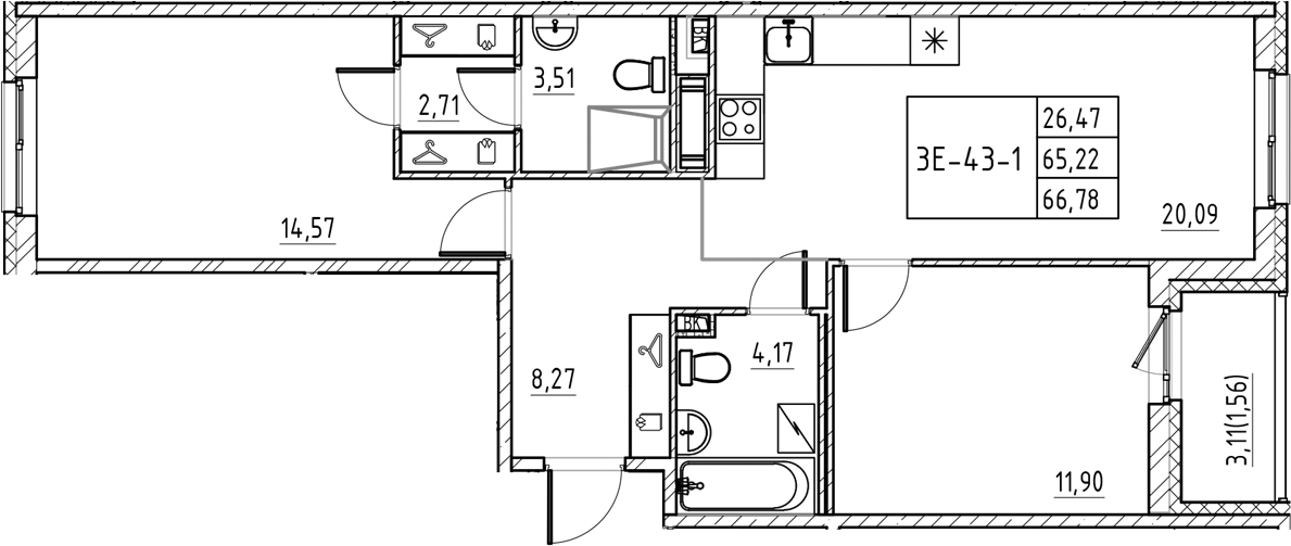 Планировка — Энфилд, 3-комн., 65 м²