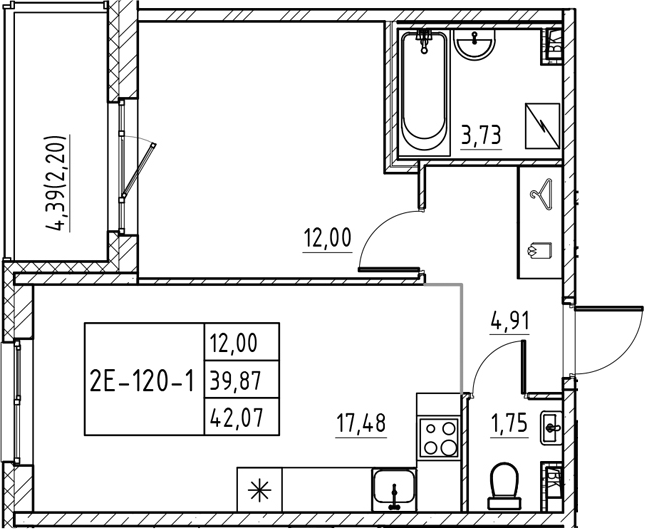 Планировка — Энфилд, 2-комн., 40 м²