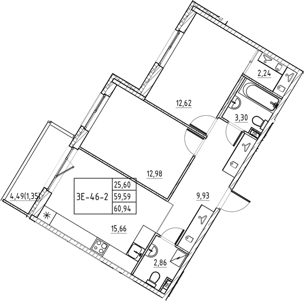 Планировка — Энфилд, 3-комн., 60 м²