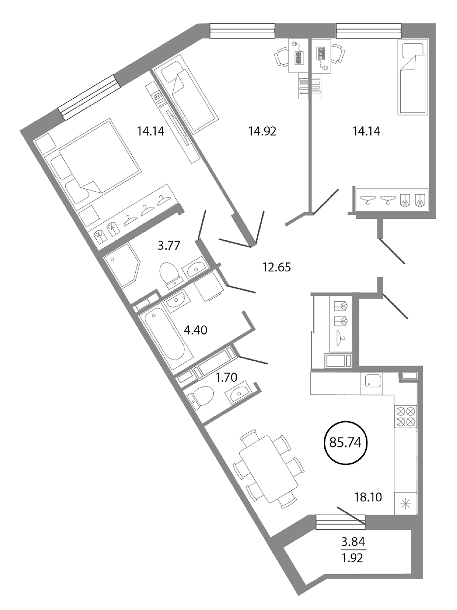 Планировка — Энфилд, 4-комн., 84 м²