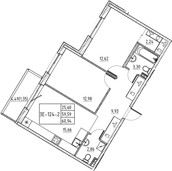 Планировка — Энфилд, 3-комн., 60 м²