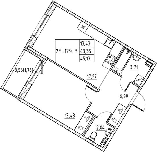 Планировка — Энфилд, 2-комн., 43 м²
