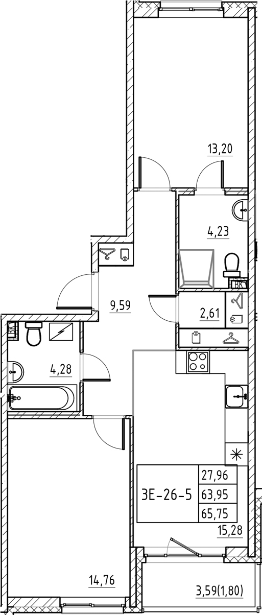 Планировка — Энфилд, 3-комн., 64 м²