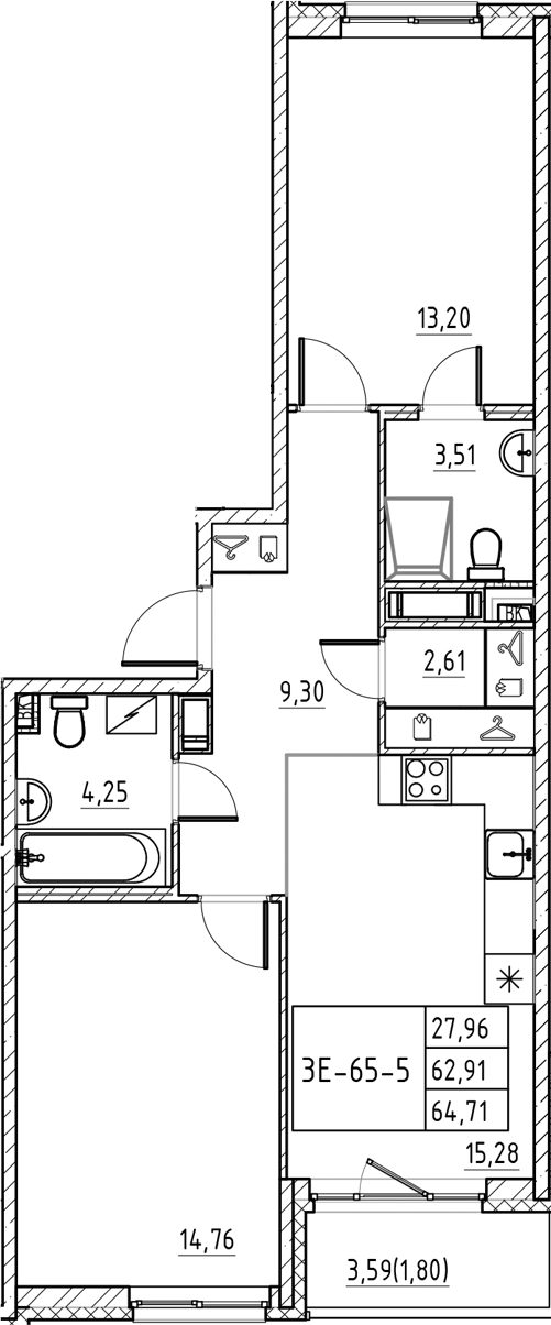 Планировка — Энфилд, 3-комн., 63 м²