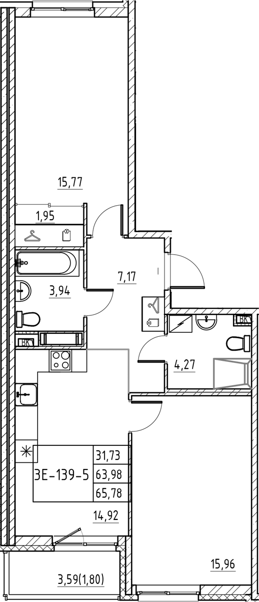 Планировка — Энфилд, 2-комн., 64 м²