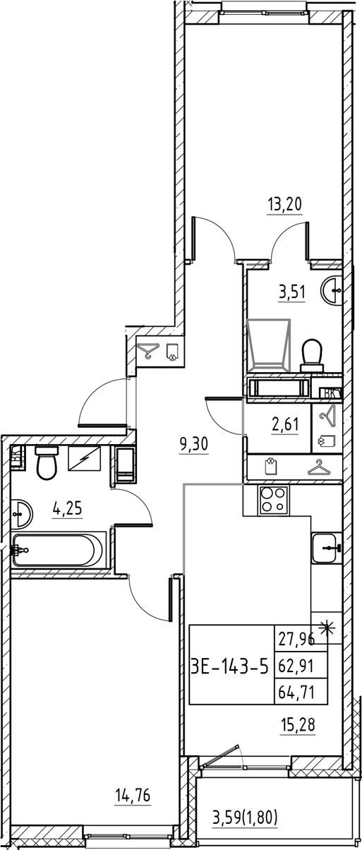 Планировка — Энфилд, 3-комн., 63 м²