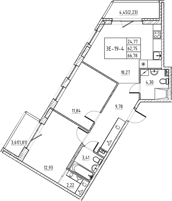 Планировка — Энфилд, 3-комн., 63 м²