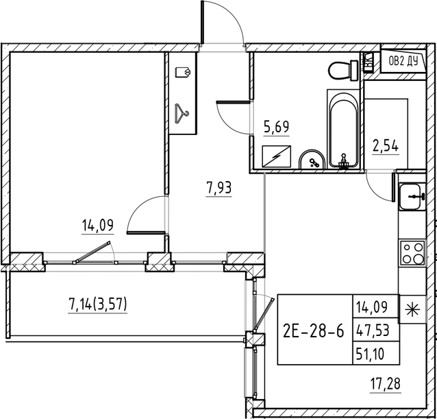 Планировка — Энфилд, 2-комн., 48 м²
