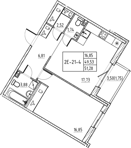 Планировка — Энфилд, 2-комн., 50 м²