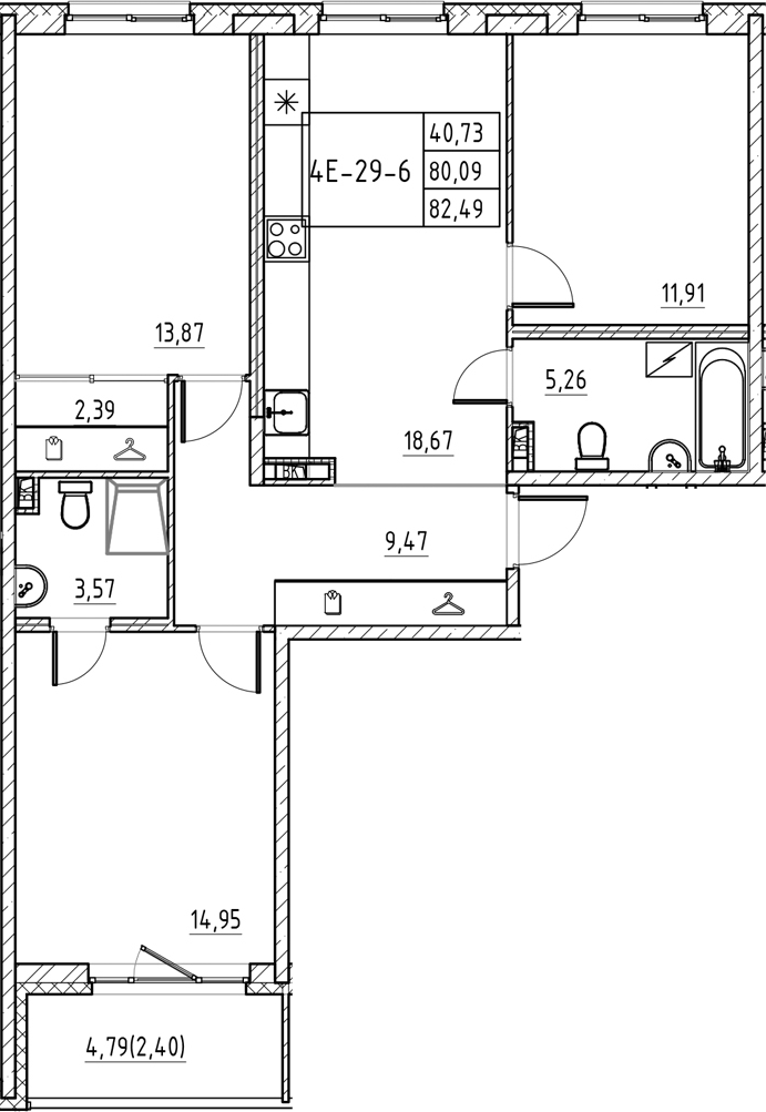 Планировка — Энфилд, 4-комн., 80 м²