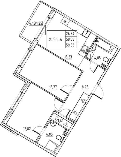 Планировка — Энфилд, 2-комн., 58 м²