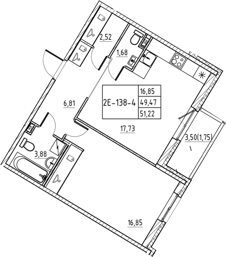 Планировка — Энфилд, 2-комн., 49 м²