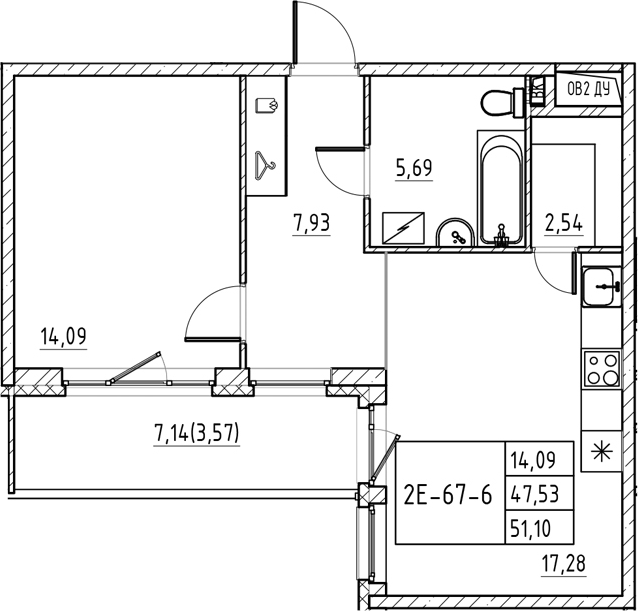 Планировка — Энфилд, 2-комн., 48 м²