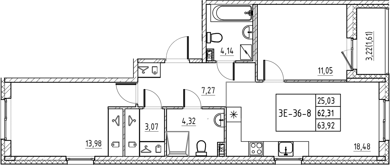 Планировка — Энфилд, 3-комн., 62 м²